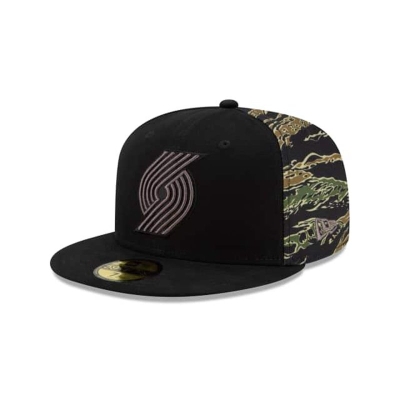 Black Portland Trail Blazers Hat - New Era NBA Camo Panel 59FIFTY Fitted Caps USA4258013